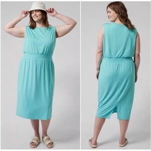 Athleta Womens Size 3X Teal Santorini Cinch‎ Midi Dress Athleisure Sporty Chic